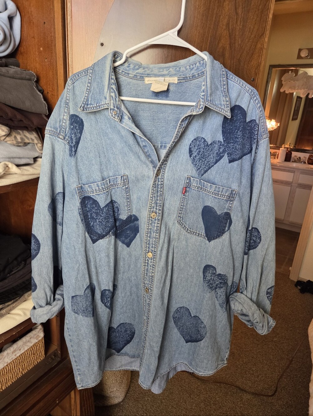 Free PeoplexTricia Fix Light Blue Denim Jacket with Dark Blue Heart Prints